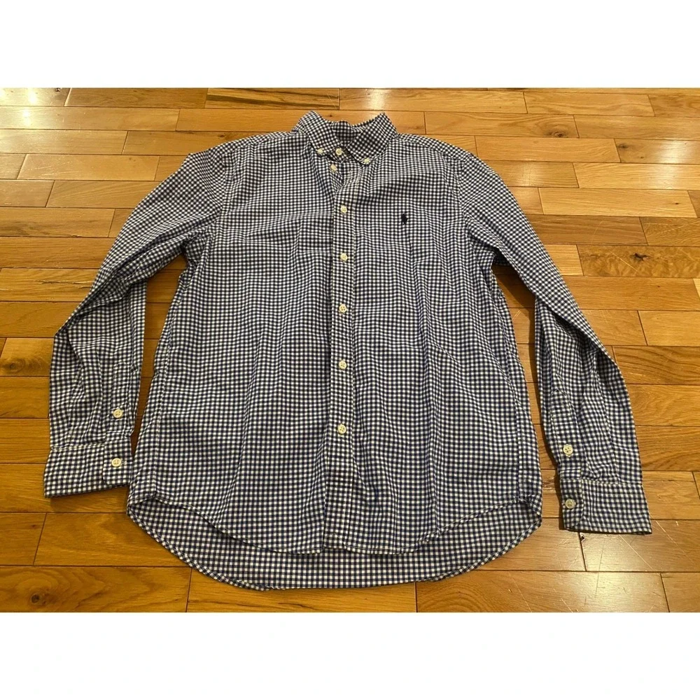 Boys Ralph Lauren XL Blue‎ Gingham Checkered Button Down Long Sleeve Stretch